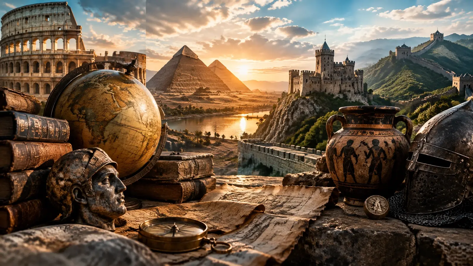 A collage of historic architecture, maps, books, artifacts, and a globe